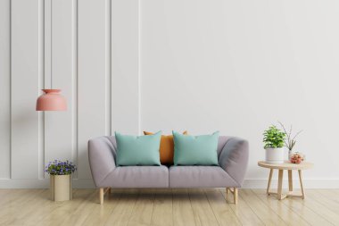 Kanepe, çiçek, lamba ve beyaz arka planda masa olan modern oturma odası. 3d oluşturma