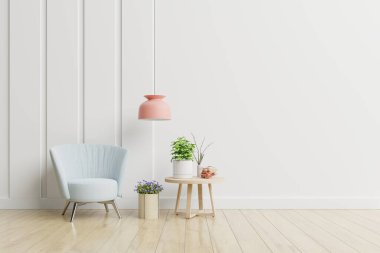 Minimalist oturma odasının iç tarafında koltuk ve yan masası olan boş bir oda.