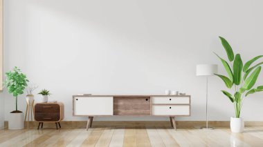 Oturma odasında, beyaz duvarlarda, 3 boyutlu görüntülerde televizyon için dolaplar ve duvarlar.