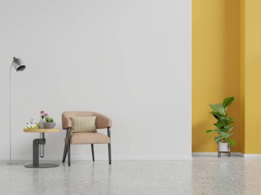 Oturma odasının iç duvarında turuncu koltuk ve arka plandaki beyaz / sarısı duvar 3D görüntüsü var.