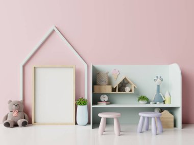 Çocuk odasındaki posterleri pembe arkaplanlı, 3D resimli.