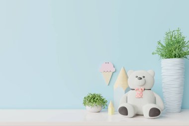 Bebek odasındaki mavi duvarı, beyaz ayıyı, ahşap zemindeki bitkileri süslemek. 3D görüntüleme