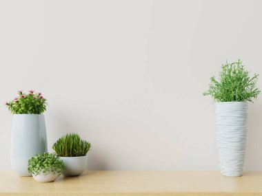 Bitkilerle dolu boş bir odada ahşap zemin ve 3 boyutlu görüntüler var.