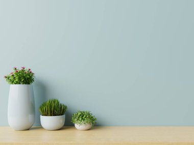 Yerdeki bitkilerle dolu modern boş bir oda. Ahşap, mavi duvar, 3 boyutlu.