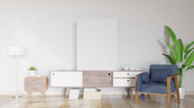 Poster ve koltuklu modern iç mimari, kabine üzerine dekorasyon kompozisyonu, 3D görüntüleme