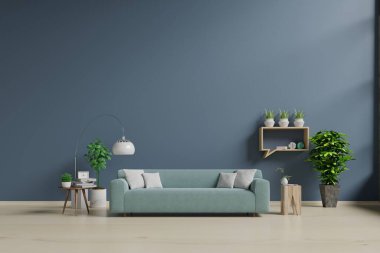 Modern oturma odasının içinde kanepe ve yeşil bitkiler, lamba, koyu mavi duvar arka planında masa. 3d oluşturma