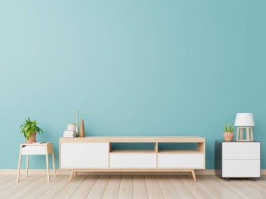 Karanlık bir odada TV için dolaplar, mavi duvarlar, 3D görüntüleme