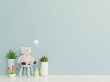 Oyuncak ayı mavi duvardaki çocuk odasında 3D görüntüleme.