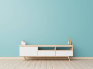 Modern boş odada kabine modeli, mavi duvar, 3D görüntüleme