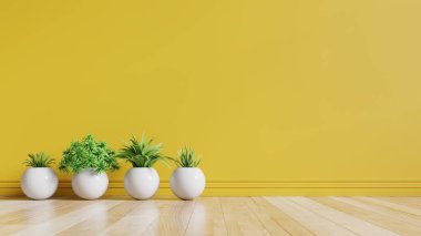 Zeminde bitkiler olan sarı boş oda, üç boyutlu görüntüleme