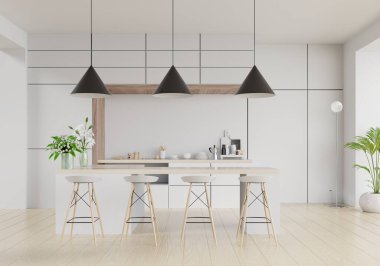 Modern mutfak odası iç mimarisi, modern restoran odası, modern kahve dükkanı iç mimarisi beyaz duvar arkaplanı. 3d hazırlayıcı