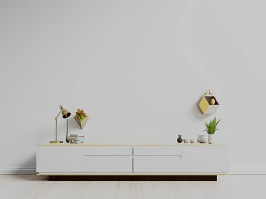 TV standı, TV dolabı, modern boş oda, beyaz duvar, 3D görüntüleme