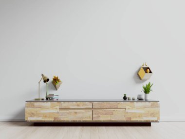 TV standı, TV dolabı, modern boş oda, beyaz duvar, 3D görüntüleme
