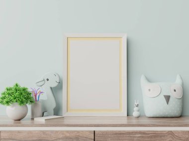 Çocuk odasının iç kısımlarına posterleri, boş mavi duvar arkaplanlarına posterleri, 3D görüntüleme