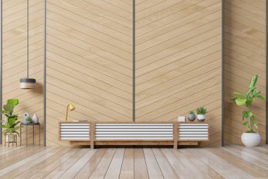 Modern iç mekanda ringa kemiği ahşap duvarında asılı olan kabine televizyonu.