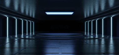 Boş açık mavi stüdyo odası fütüristik bilim kurgu salonu. Işıklar mavi, tasarım için gelecek arkaplan, 3D görüntüleme.