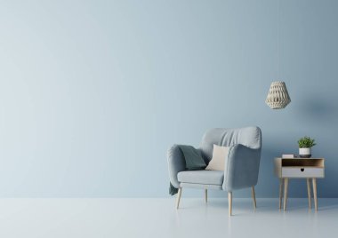 Mavi koltuklu modern oturma odasında ahşap döşemede dolap ve lamba ve mavi duvar var.