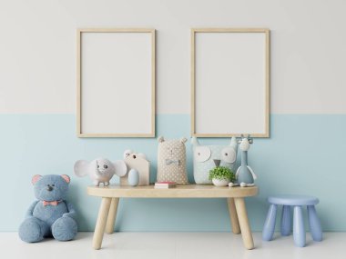 Çocuk odasının iç kısımlarına posterleri, boş beyaz / mavi duvar arkaplanına posterleri, 3D görüntüleme