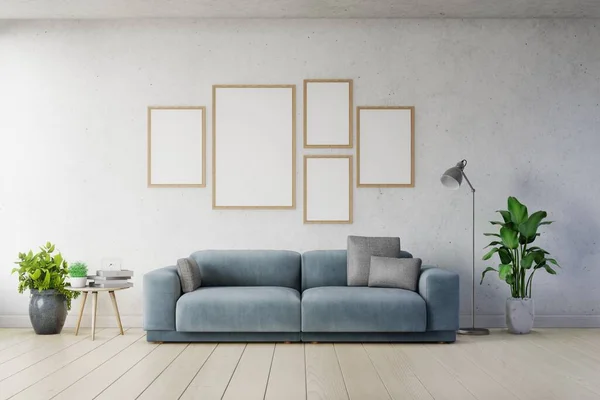 Poster mockup with vertical frames on empty white wall in living room interior ad dark blue sofa. 3D rendering.