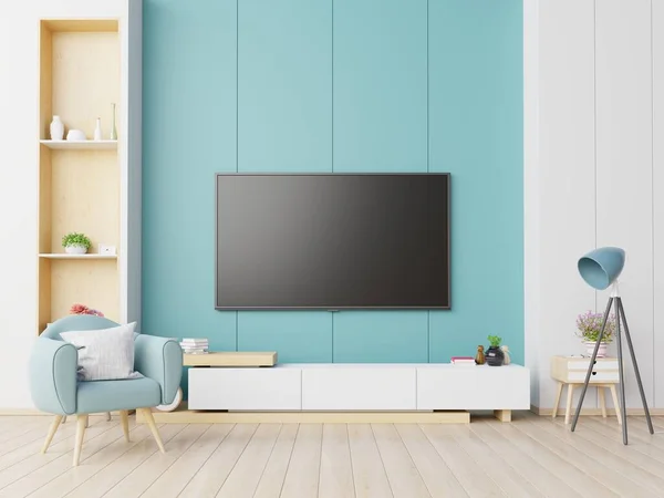 Fernseher Auf Dem Schrank Modernen Wohnzimmer Mit Sessel Auf Blauem — Stockfoto