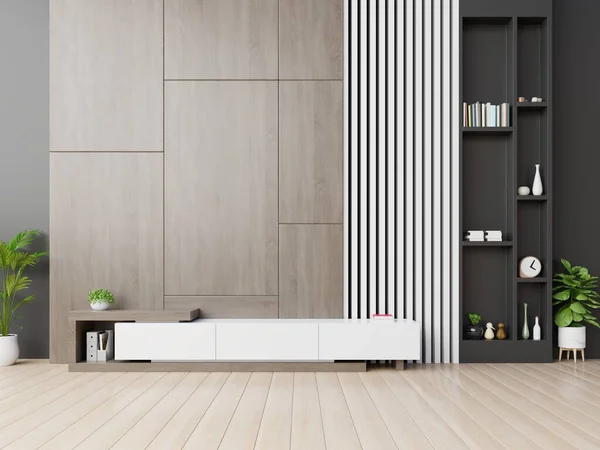 Modern boş odada, ahşap duvar zeminli, 3 boyutlu bir televizyon dolabı.