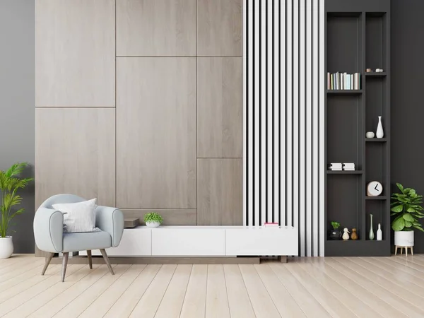 Modern oturma odasında, ahşap duvarlı koltuklu kabine televizyonu, 3D görüntüleme.