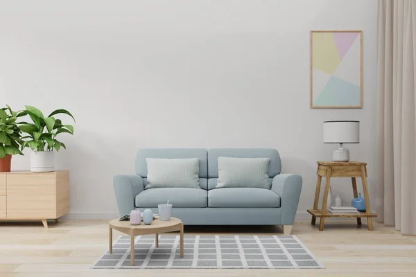 Mock up wall in living room with blue sofa, plants and table on empty white wall background. 3D rendering
