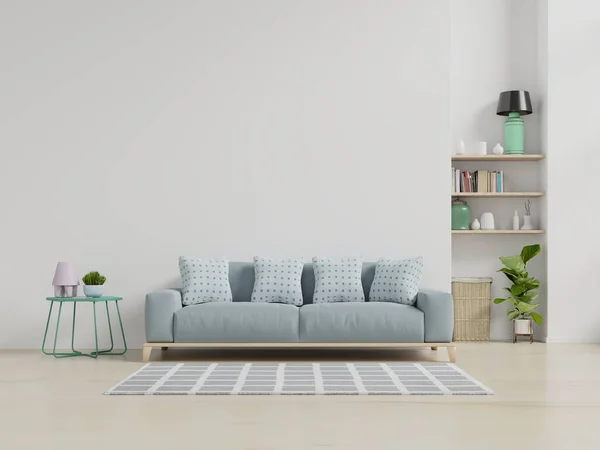 现代客厅内饰有沙发和绿色植物 白墙背景的桌子 3D渲染 — 图库照片