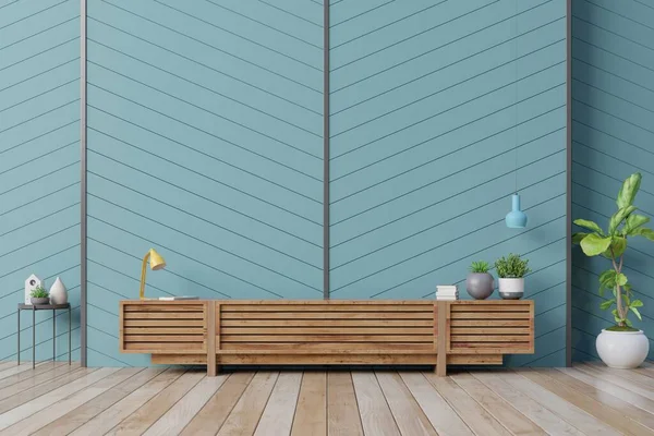 Cabinet Tv mockup hanging on herringbone blue wooden wall in modern interior, 3d rendering
