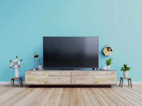Kabine içi modern odada televizyon dizaynı, bitkiler, raf, lamba koyu mavi duvarda, 3D görüntüleme