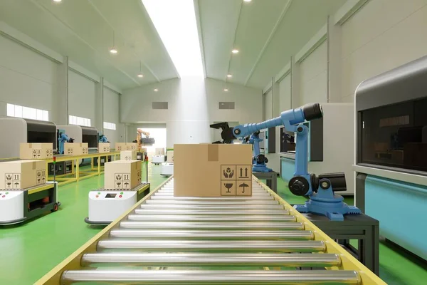 Interior Del Almacén Centro Logístico Tiene Brazo Agv Robot Renderizado — Foto de Stock