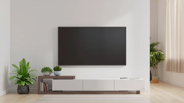 Oturma odasındaki beyaz duvarda LED TV, minimal tasarım, 3D görüntüleme
