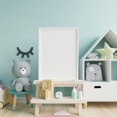 Çocuk odası, çocuk odası, çocuk odası, bebek odası modeli, mavi duvar, 3 boyutlu resim.