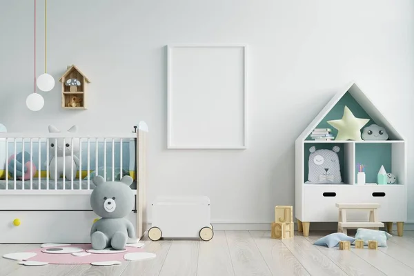 Mock Posterrahmen Kinderzimmer Kinderzimmer Kinderzimmer Attrappe Weiße Wand Rendering — Stockfoto