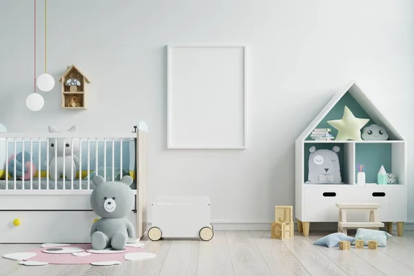 Çocuk odası, çocuk odası, çocuk odası, bebek odası modeli, beyaz duvar, 3 boyutlu tasarım.