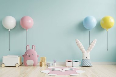 Duvardaki çocuk odasındaki model duvar mavi arka plan 3D.