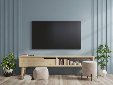 Modern oturma odasındaki dolapta televizyon koyu mavi duvar arka planında, 3D görüntüleme