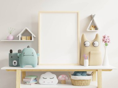 Çocuk odasındaki posterleri, boş beyaz duvar arkaplanına posterleri, 3D görüntüleme