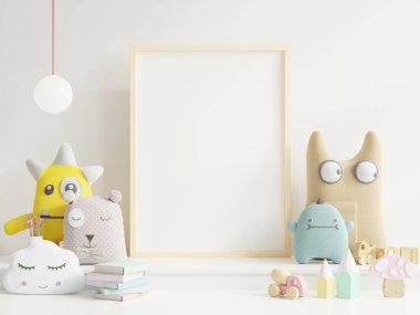 Çocuk odasındaki posterleri, boş beyaz duvar arkaplanına posterleri, 3D görüntüleme