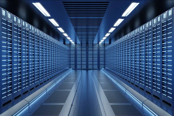 Server Room Rete Con Luci Blu Rendering — Foto Stock