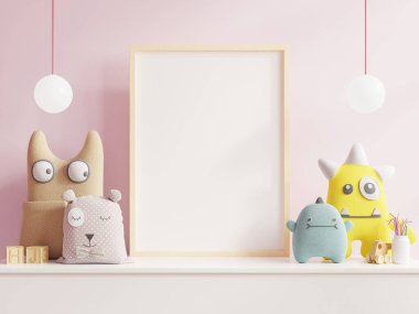 Çocuk odasının iç kısımlarına posterleri, boş pembe duvar arkaplanlarına posterleri, 3D görüntüleme