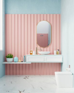 Pembe duvarda modern banyo iç tasarımı, 3 boyutlu.