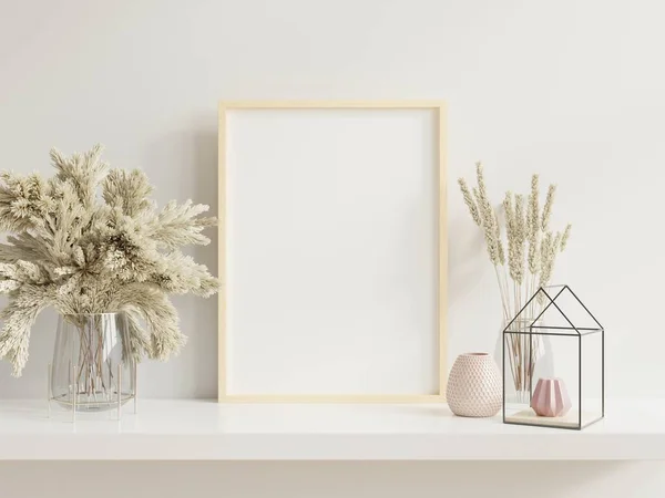 Houten Frame Leunend Witte Plank Helder Interieur Met Planten Tafel — Stockfoto