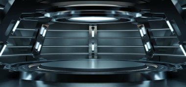 Boş açık mavi stüdyo odası fütüristik bilim kurgu salonu. Işıklar mavi, tasarım için gelecek arkaplan, 3D görüntüleme.