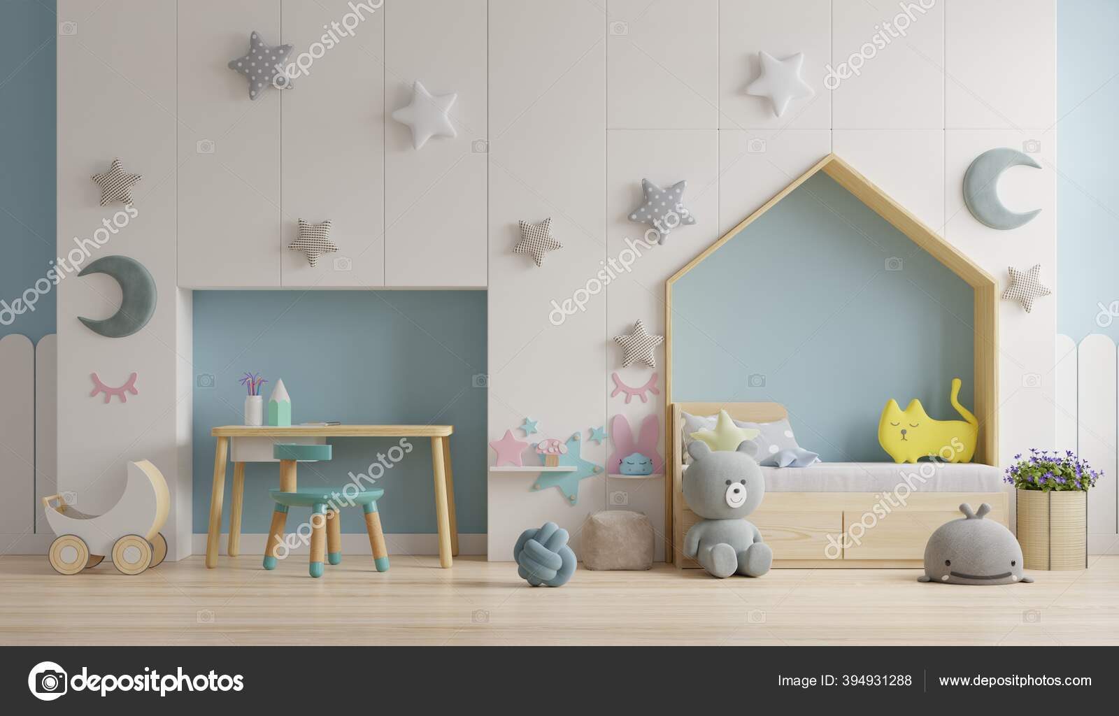 Mockup Wall Children's Room Wall Blue Colors Background Rendering Stock  Photo by ©vanitjan 394931288
