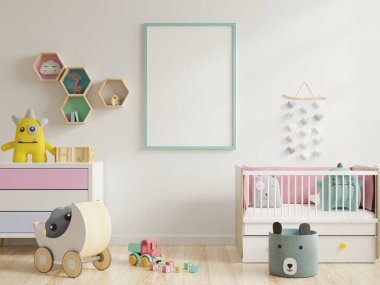 Çocuk odası, çocuk odası, çocuk odası, bebek odası modeli, beyaz duvar, 3 boyutlu tasarım.
