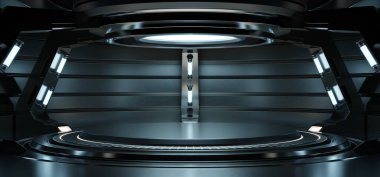 Boş açık mavi stüdyo odası fütüristik bilim kurgu salonu. Işıklar mavi, tasarım için gelecek arkaplan, 3D görüntüleme.