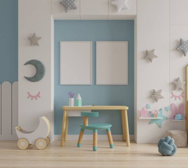 Çocuk odası, çocuk odası, çocuk odası, bebek odası modeli, mavi duvar, 3 boyutlu resim.