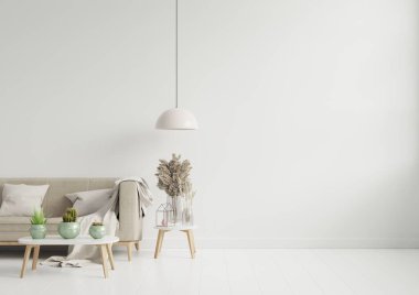 Boş oturma odası, kahverengi kanepe, süs cam kavanozu ve boş beyaz duvar arka planında bir masa. 3B görüntüleme