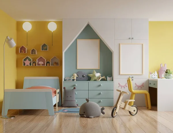 Kinderzimmer Mit Dachhaus Und Gelben Wänden Plakatattrappe Kinderzimmer Rendering — Stockfoto